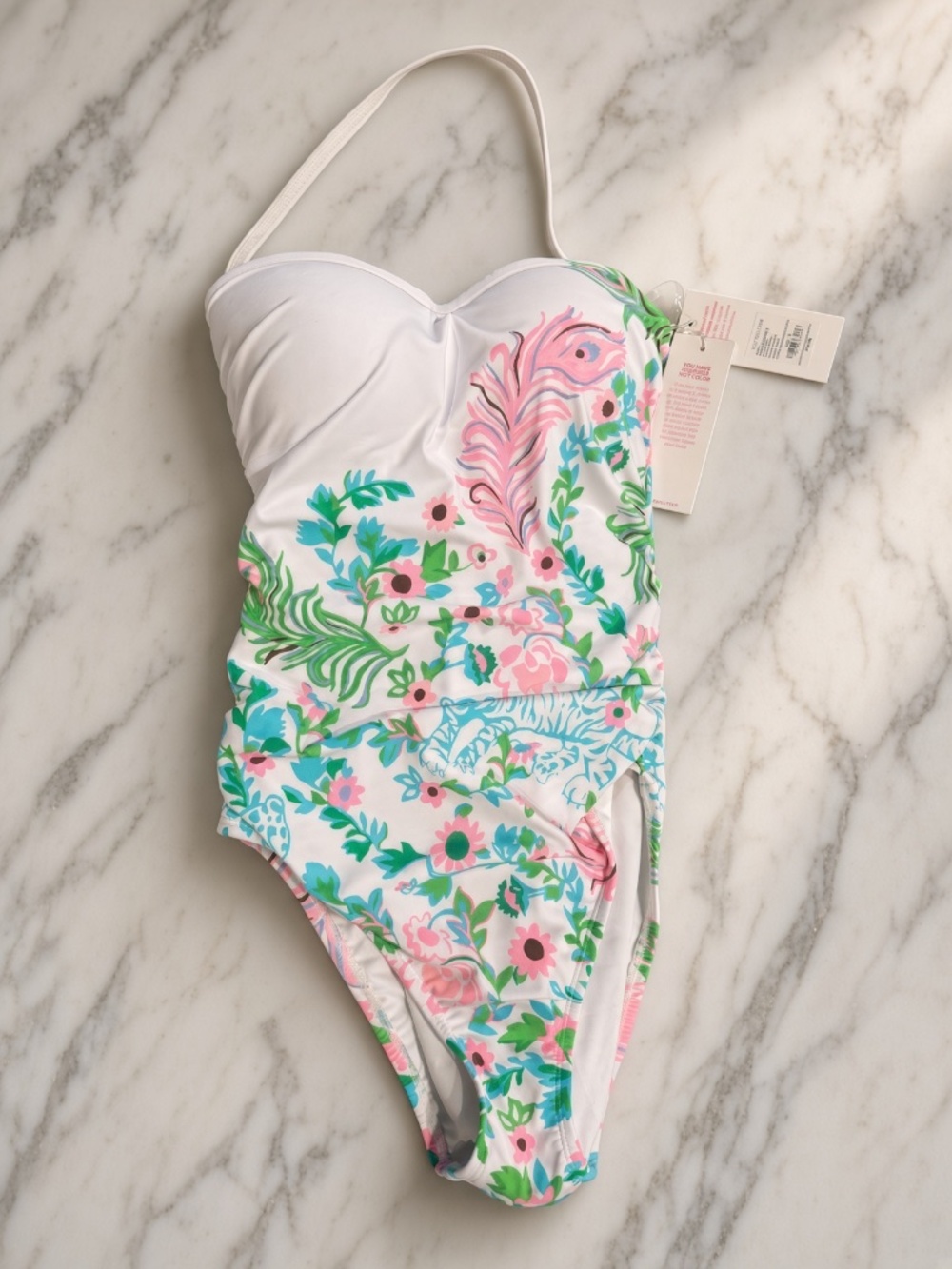 Lilly Pulitzer Ginnie One-Piece Swimsuit Size 2 Floral White Pink Green Lined